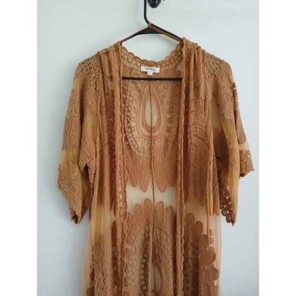 Rebellion Womens L Kimono Duster Brown Open Front Short Sleeve Boho Mesh Top - Picture 4 of 7